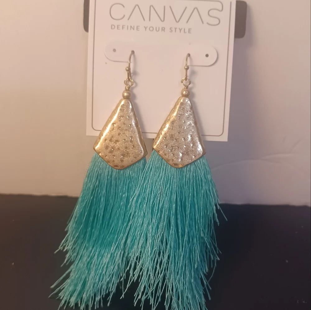 Bella Canvas Gold and Blue Tassel Earrings - Picture 6 of 6